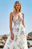 Robe de mariée en tulle blanc une ligne Boho Sweep Train avec appliques