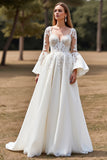 Blanc A Ligne Flare Manches Boho Sweep Train Robe de mariée avec appliques