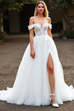 Robe de mariée en tulle blanc une ligne Boho Sweep Train avec appliques de dentelle