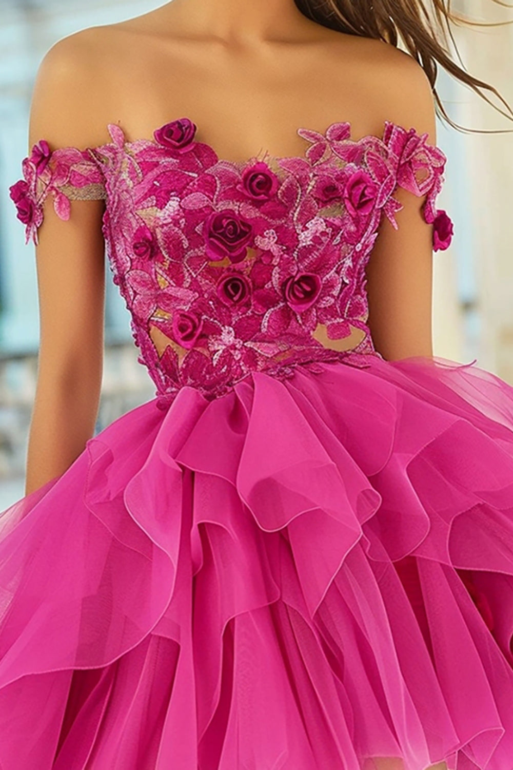 Robe de bal fuchsia à épaules dénudées avec fleurs 3D
