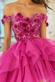 Robe de bal fuchsia à épaules dénudées avec fleurs 3D