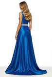 Robe longue de bal en satin bleu royal scintillant avec fente