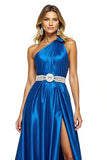 Robe longue de bal en satin bleu royal scintillant avec fente