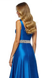 Robe longue de bal en satin bleu royal scintillant avec fente