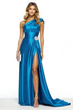Robe de bal en satin bleu une ligne avec fente