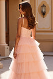 Robe de bal longue en tulle blush avec appliques