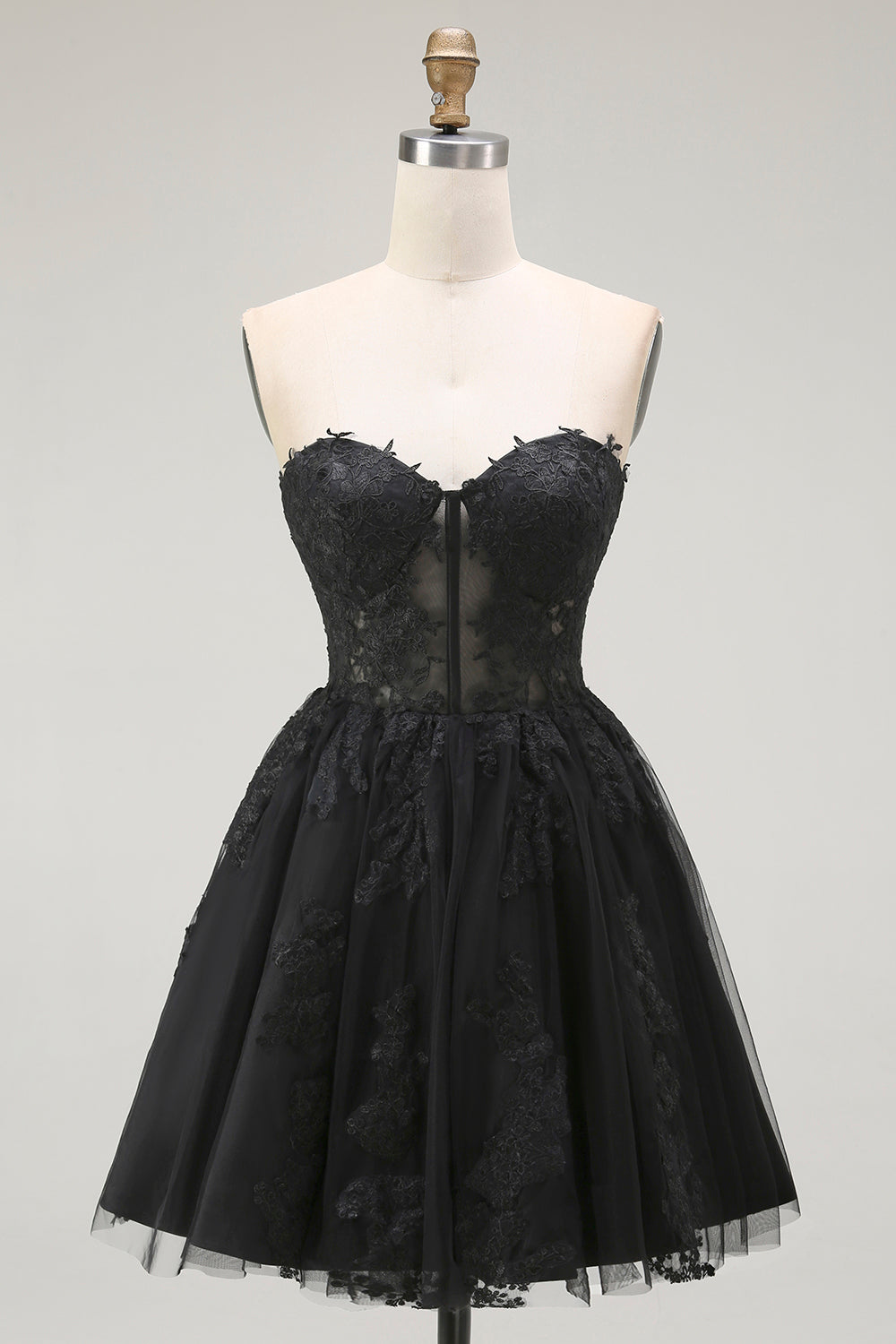 Noir Une ligne Sweetheart Appliqueed Sheer Corset Robe de cocktail
