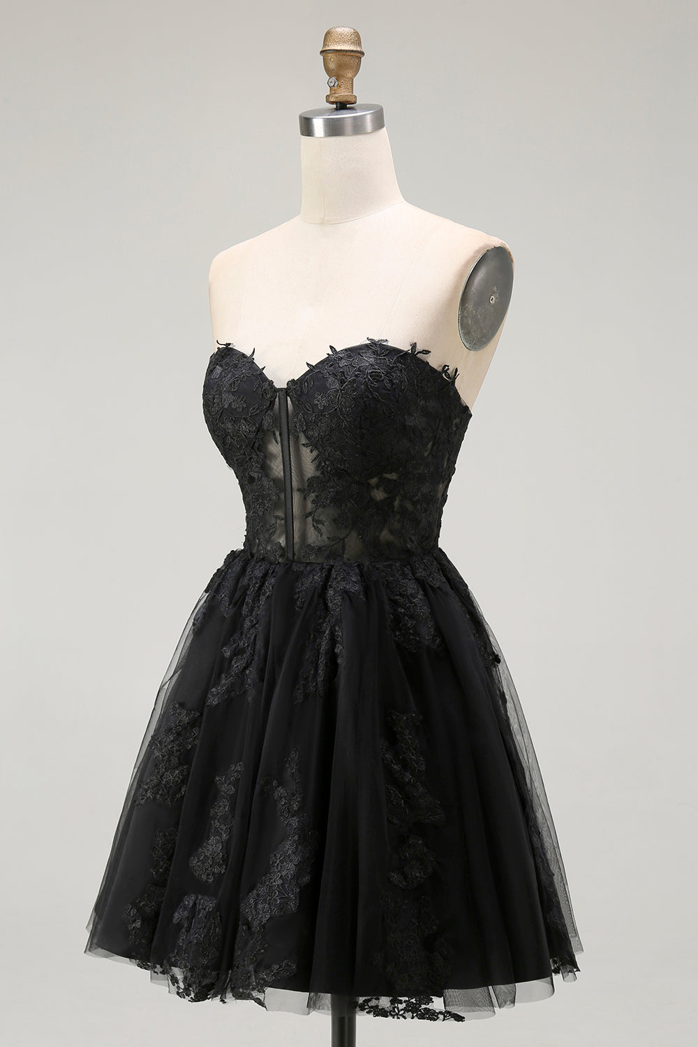 Noir Une ligne Sweetheart Appliqueed Sheer Corset Robe de cocktail