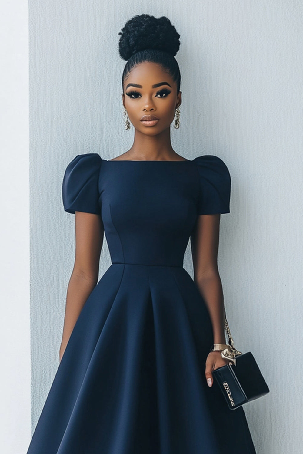 Robe de travail midi à manches courtes bleu marine