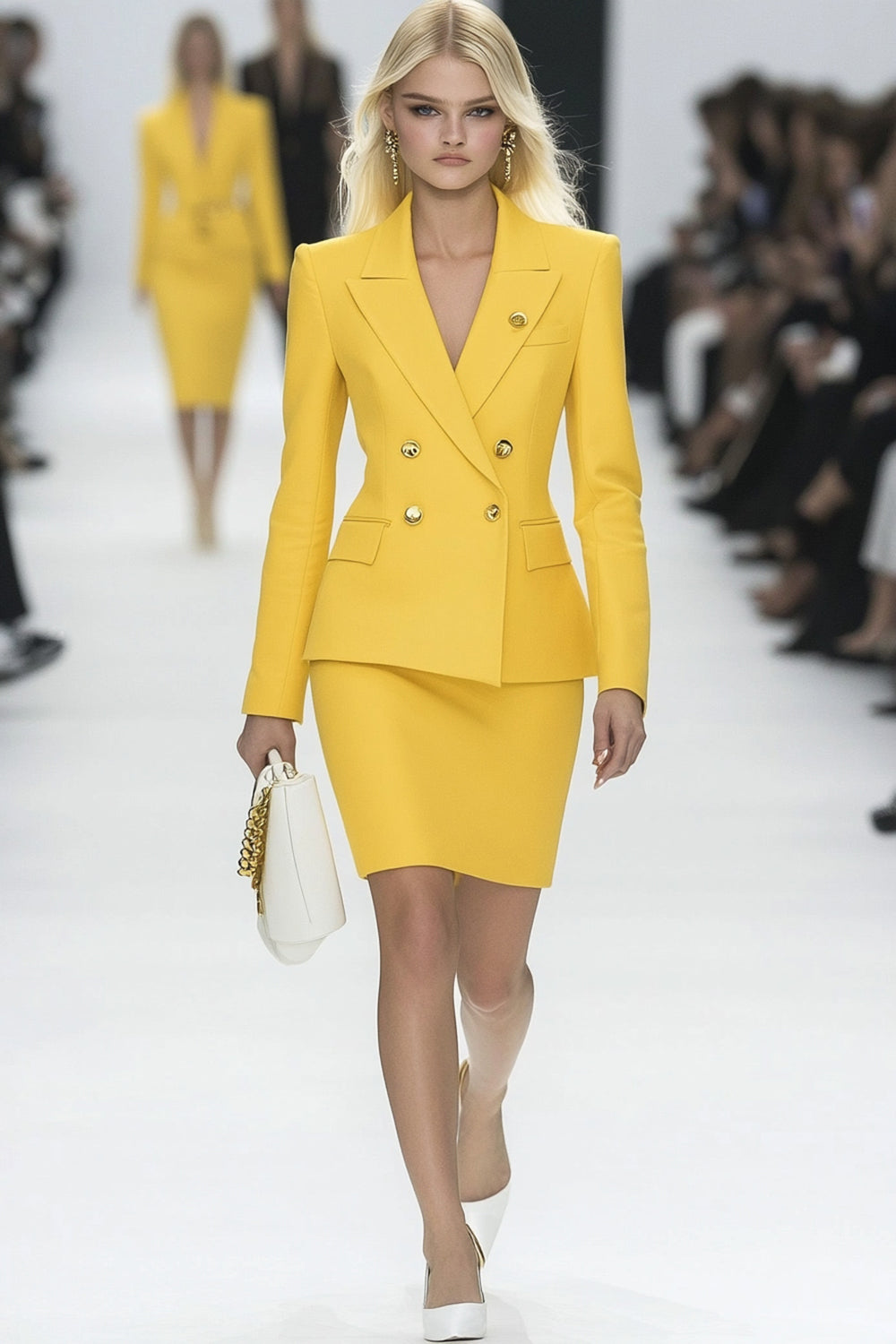 Jaune 2 pièces moulante à revers en pointe double boutonnage mini robe de travail