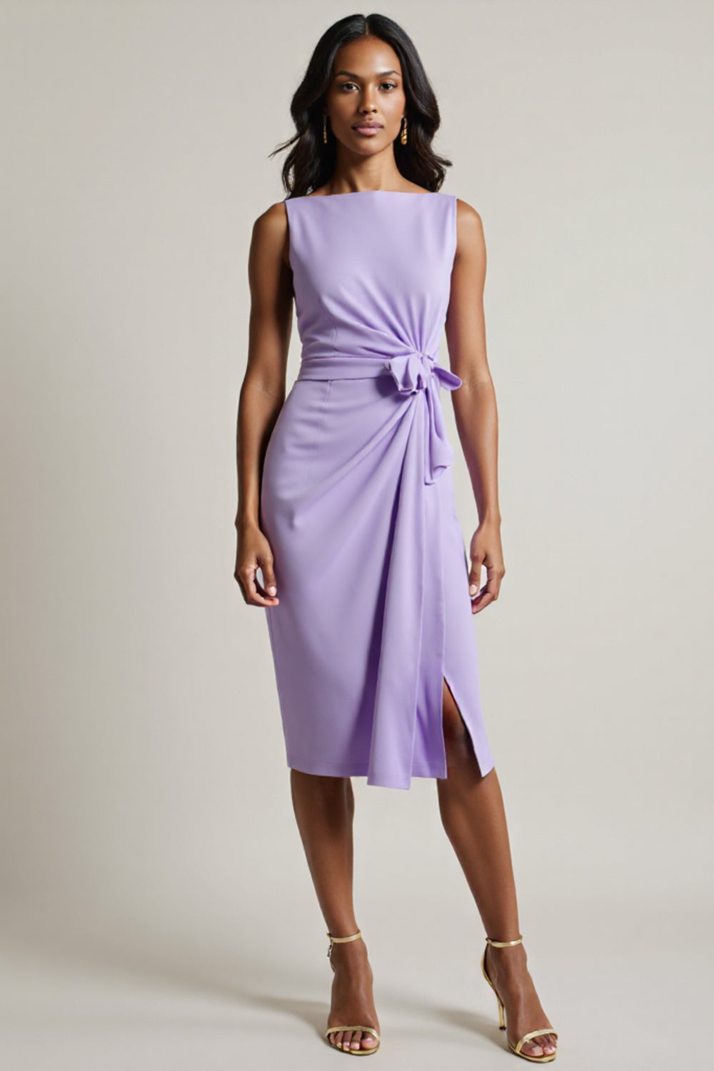 Robe de travail midi froncée violette avec fente