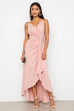 Robe froncée à bretelles spaghetti blush haute basse