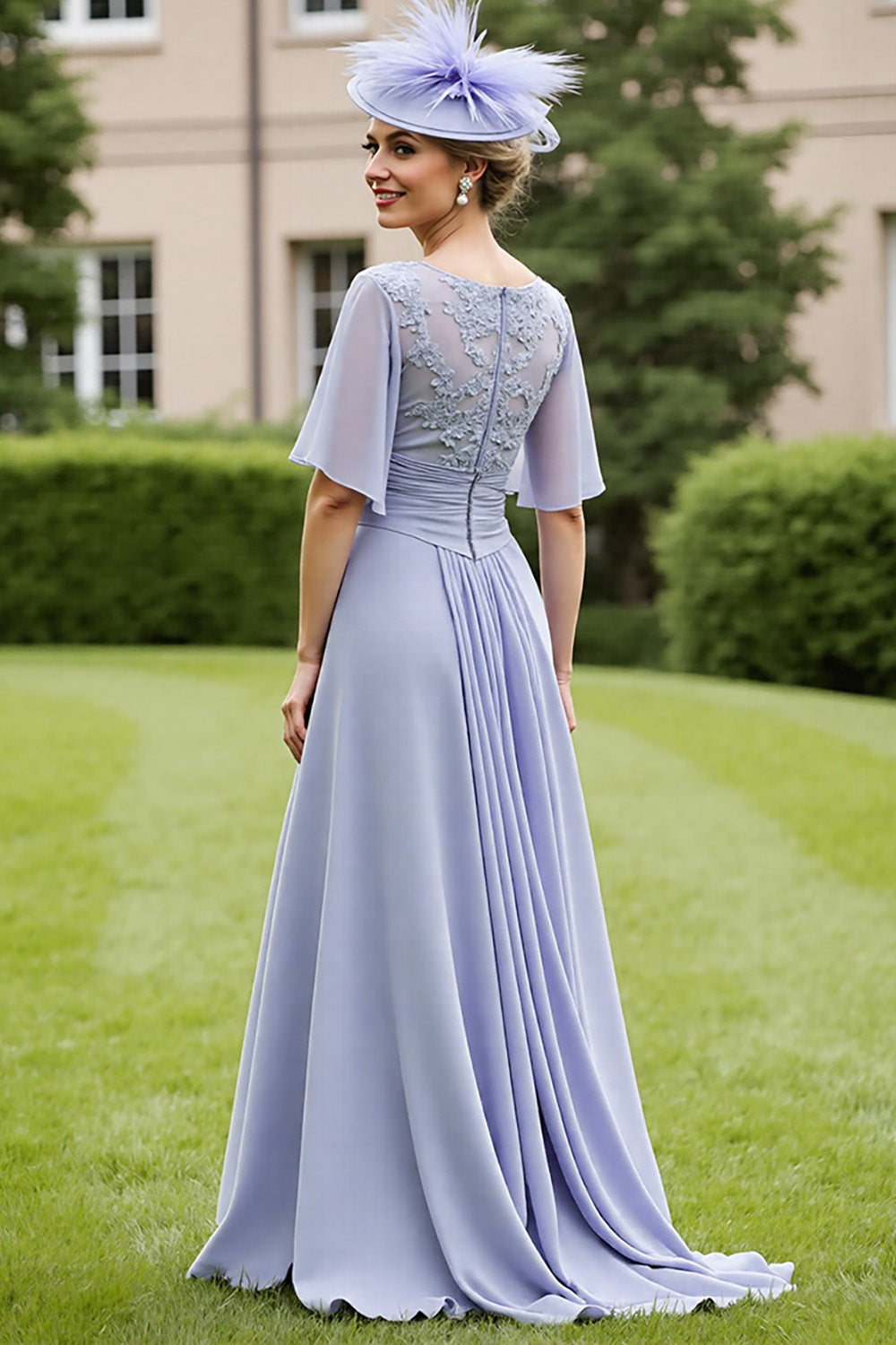 Gris bleu mousseline de soie appliqué haut bas mère de la mariée robe à manches courtes