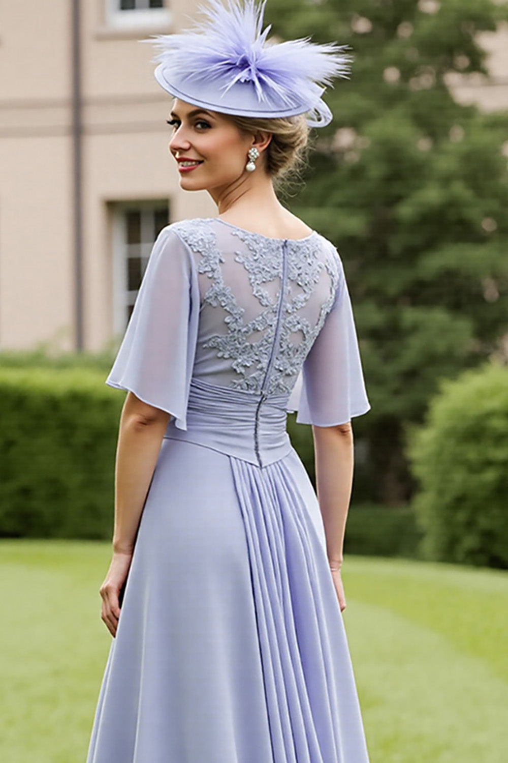 Gris bleu mousseline de soie appliqué haut bas mère de la mariée robe à manches courtes