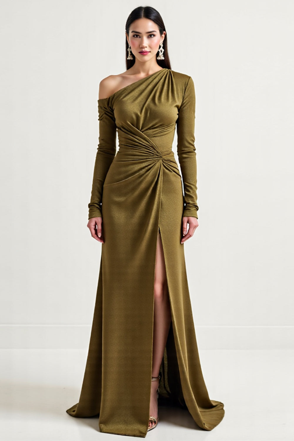 Robe à manches longues olive une épaule mère de la mariée avec fente