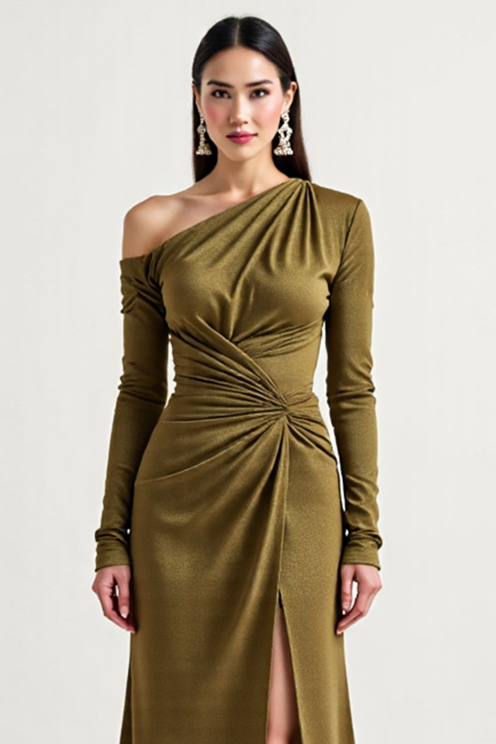 Robe à manches longues olive une épaule mère de la mariée avec fente