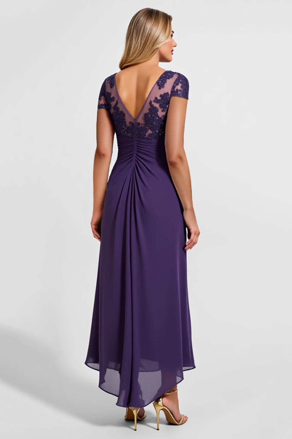 Robe longue mère de la mariée en mousseline de soie violette scintillante avec dentelle