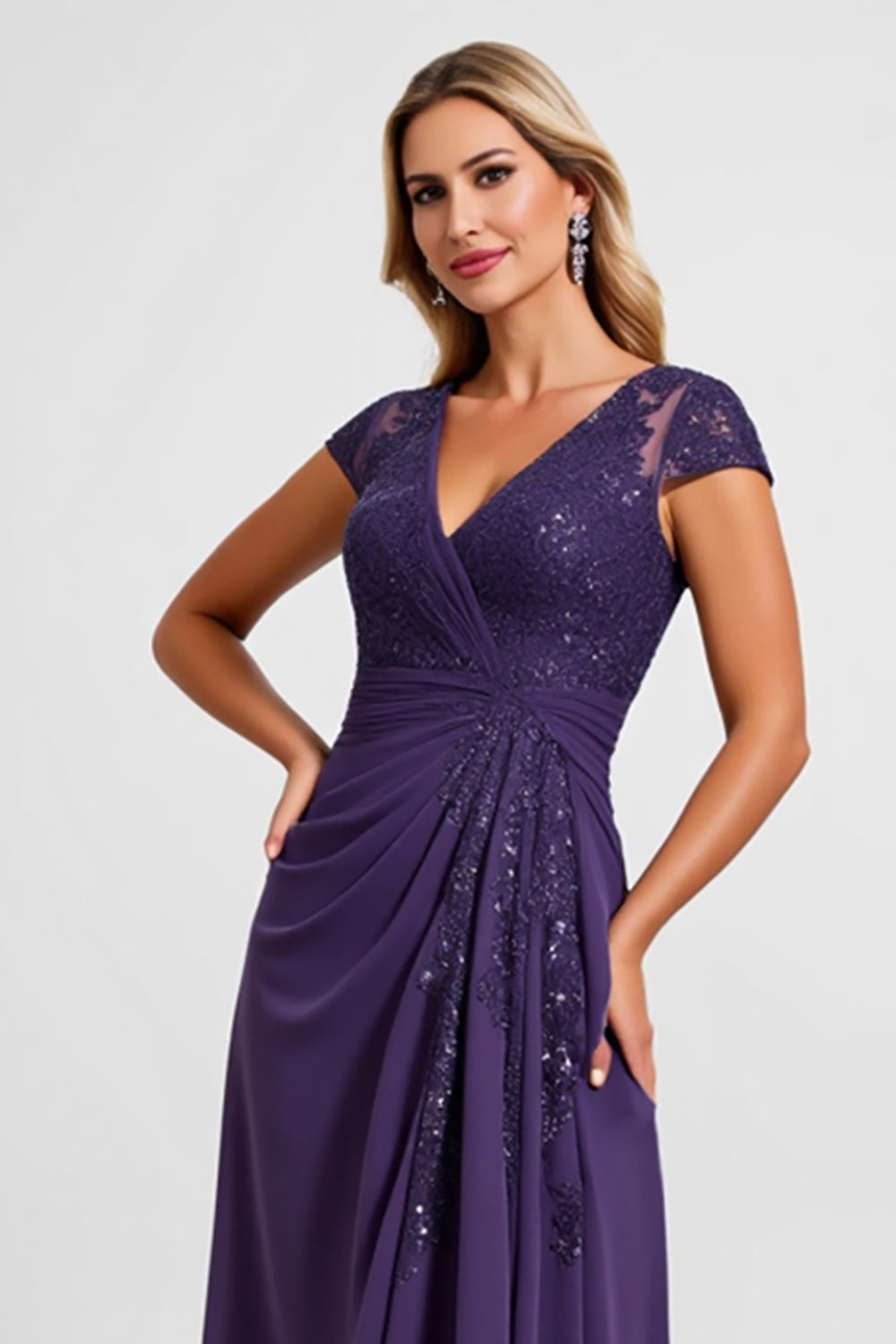 Robe longue mère de la mariée en mousseline de soie violette scintillante avec dentelle