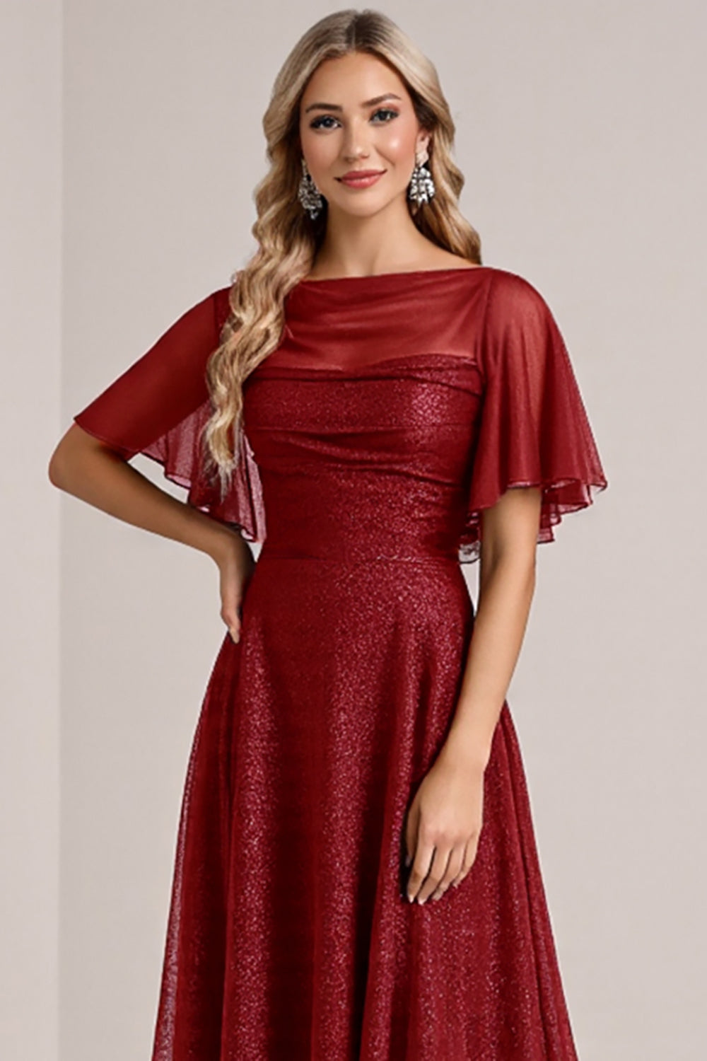 Robe de demoiselle d’honneur à manches courtes à paillettes bordeaux
