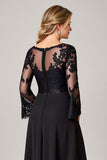 Robe noire haute basse dentelle appliquée mère de la mariée à manches longues
