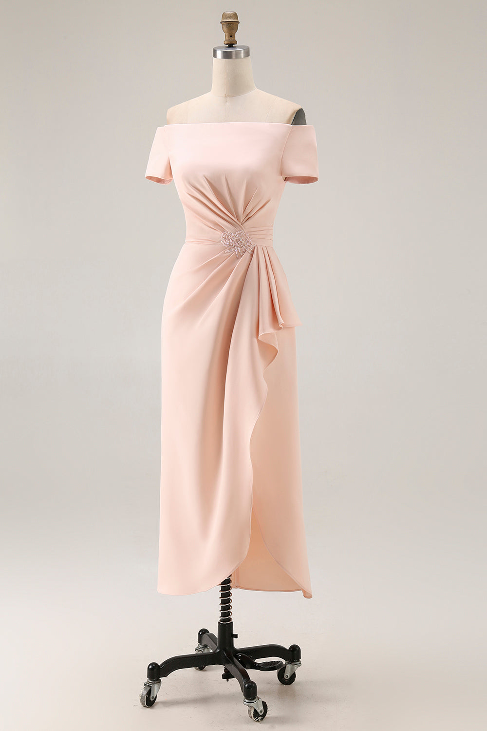 Epaisson Dénudé Fourreau Abricot Froncé Midi Robe Mère de la Mariée avec Fente