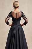 Noir A Ligne 3/4 Manches Thé Longueur Mère de la Mariée Robe avec Appliques