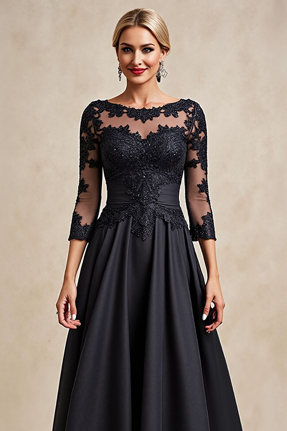 Noir A Ligne 3/4 Manches Thé Longueur Mère de la Mariée Robe avec Appliques