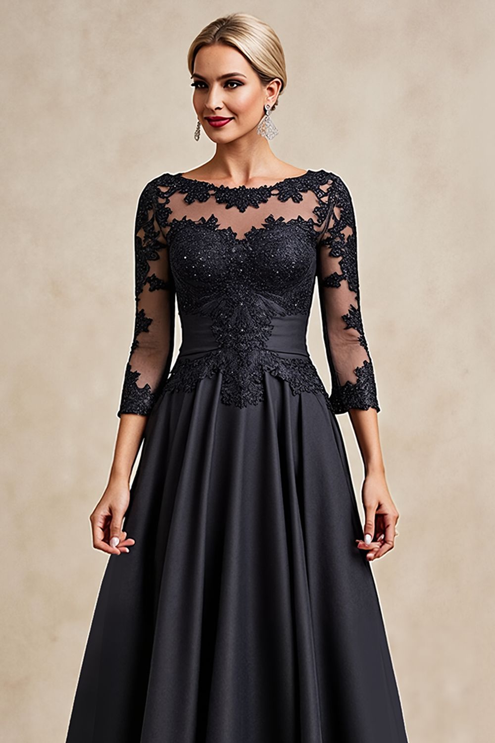 Noir A Ligne 3/4 Manches Thé Longueur Mère de la Mariée Robe avec Appliques