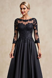 Noir A Ligne 3/4 Manches Thé Longueur Mère de la Mariée Robe avec Appliques