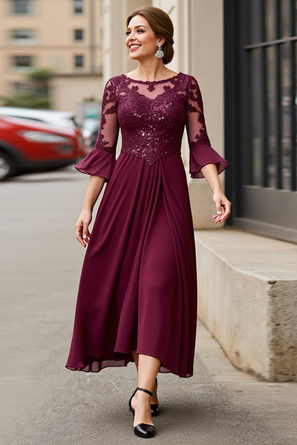 Cabernet Applique Une Ligne Thé Longueur Mère de la Robe de la Mariée