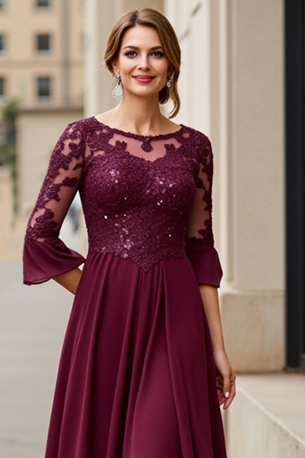 Cabernet Applique Une Ligne Thé Longueur Mère de la Robe de la Mariée