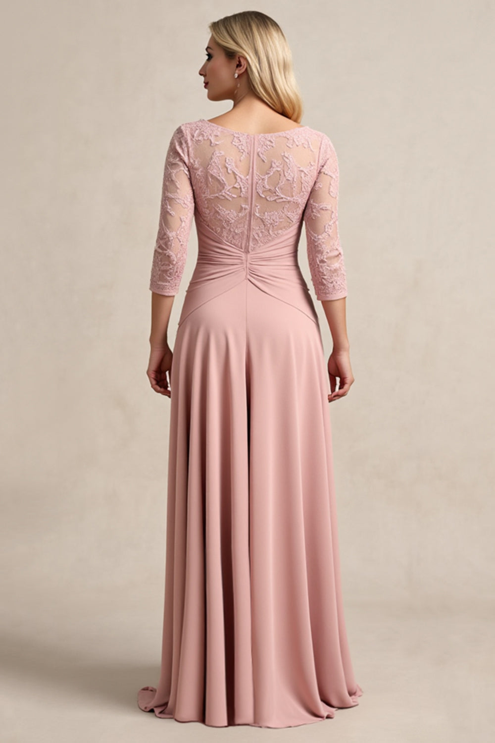 Blush High Low Mousseline de soie froncée Robe mère de la mariée avec appliques de dentelle