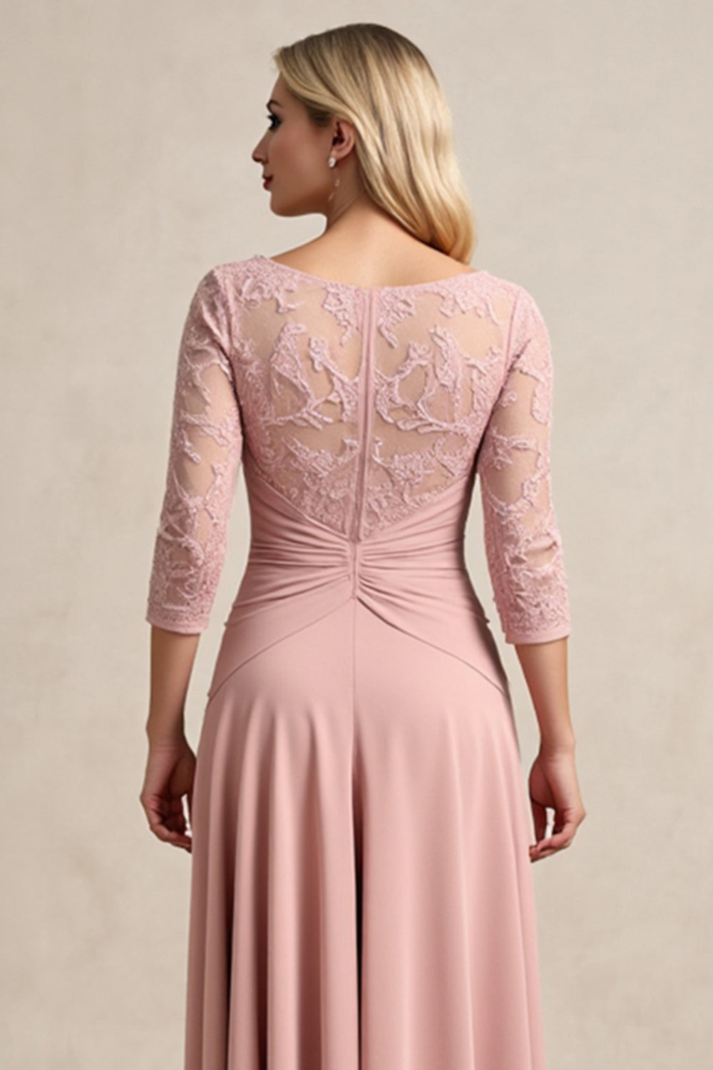 Blush High Low Mousseline de soie froncée Robe mère de la mariée avec appliques de dentelle