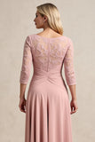 Blush High Low Mousseline de soie froncée Robe mère de la mariée avec appliques de dentelle