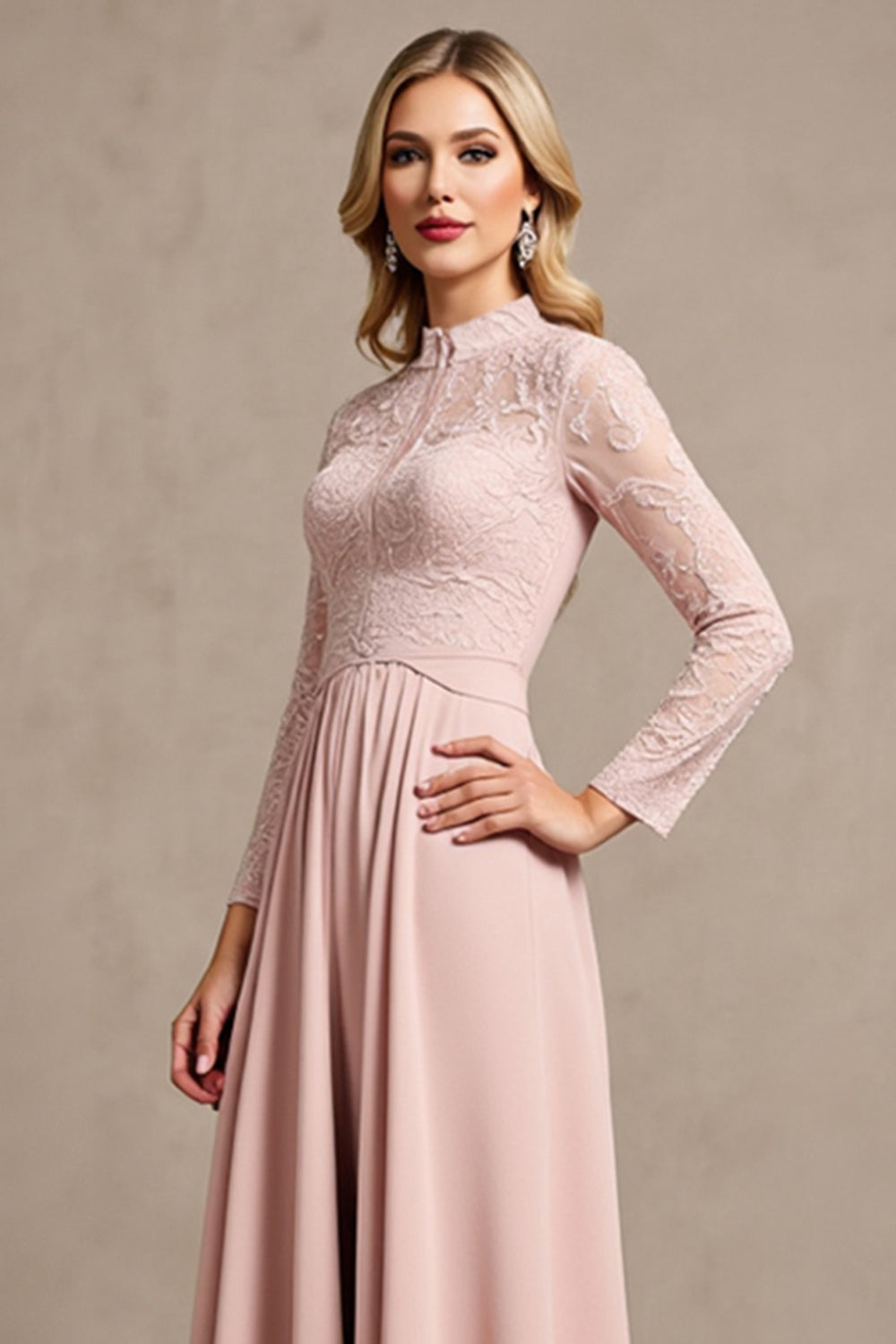 Robe de mère de la mariée à manches longues à manches longues rose bonbon avec appliques