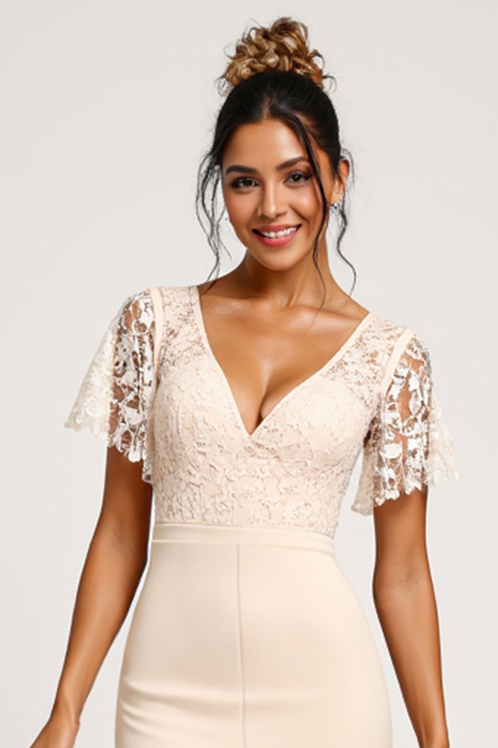 Abricot Col en V Mousseline de soie Dentelle Combinaison de demoiselle d’honneur