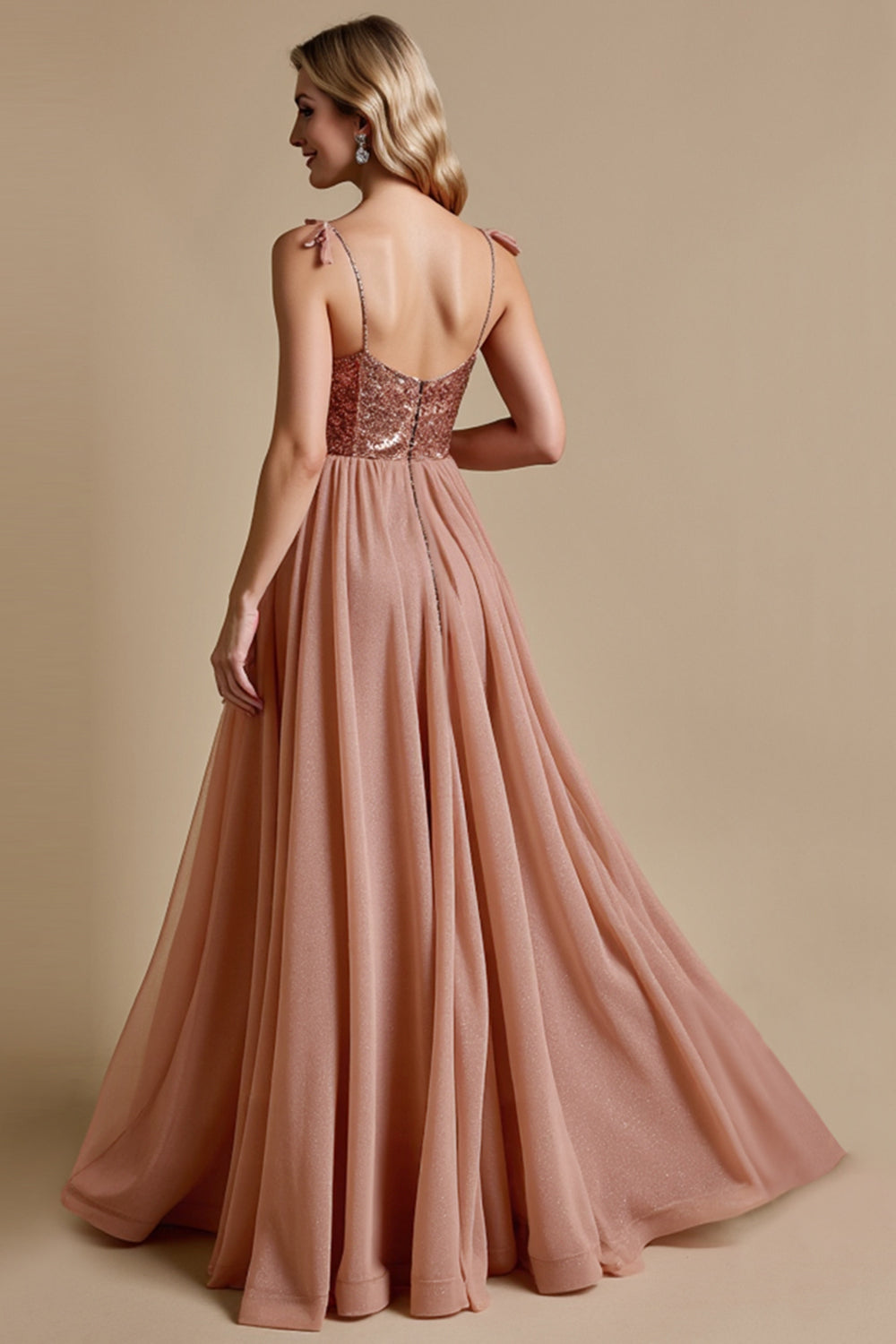 Robe de demoiselle d’honneur scintillante Dusty Rose Spaghetti Straps A Line