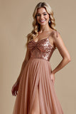 Robe de demoiselle d’honneur scintillante Dusty Rose Spaghetti Straps A Line