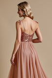 Robe de demoiselle d’honneur scintillante Dusty Rose Spaghetti Straps A Line