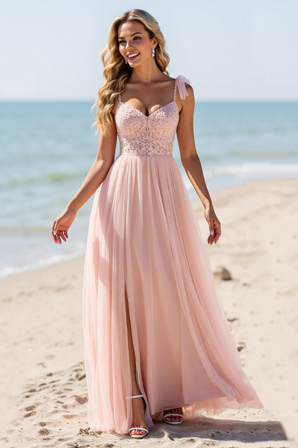 Blush Une Ligne Tulle Spaghetti Bretelles Longue Robe de demoiselle d’honneur avec Appliques