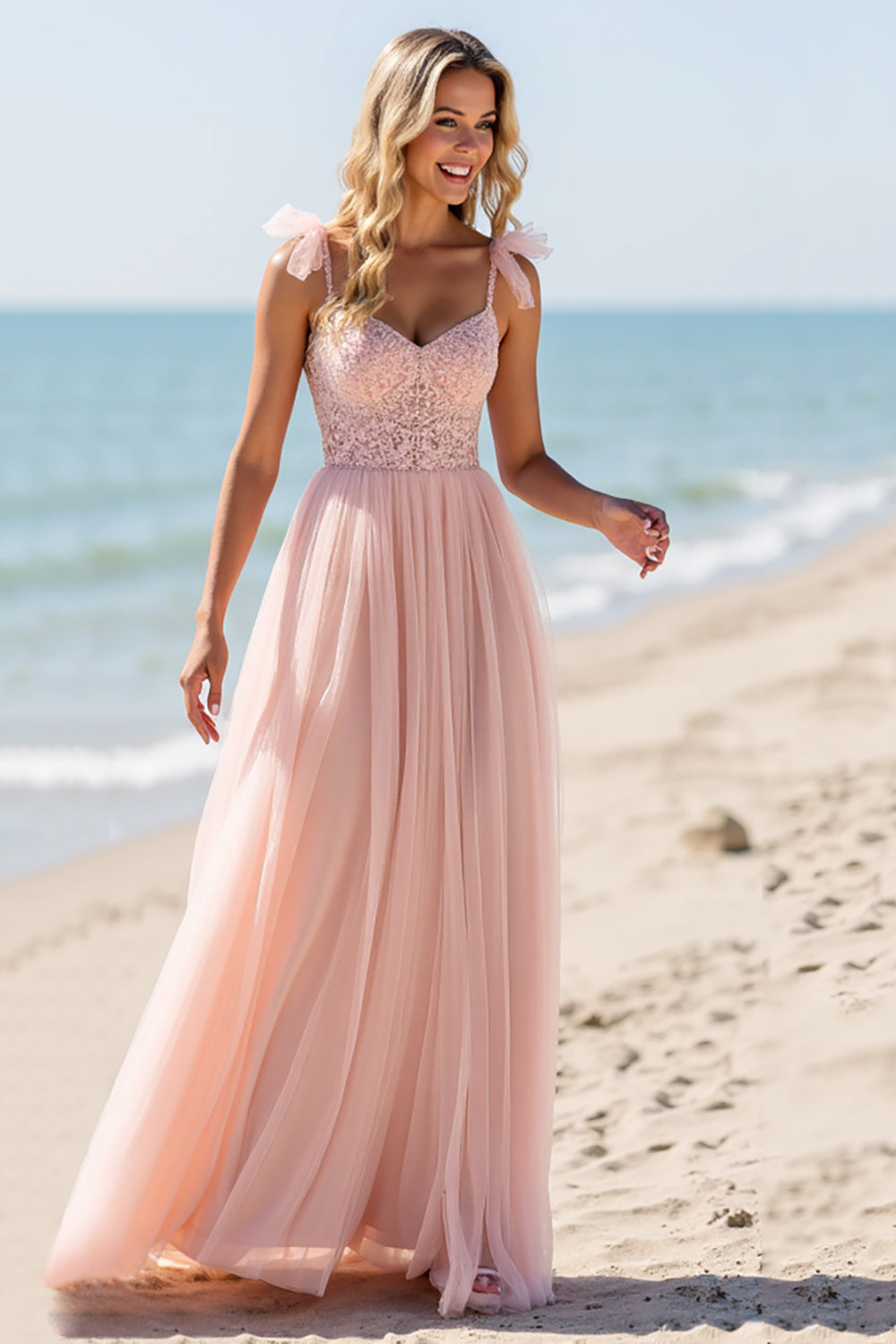 Blush Une Ligne Tulle Spaghetti Bretelles Longue Robe de demoiselle d’honneur avec Appliques