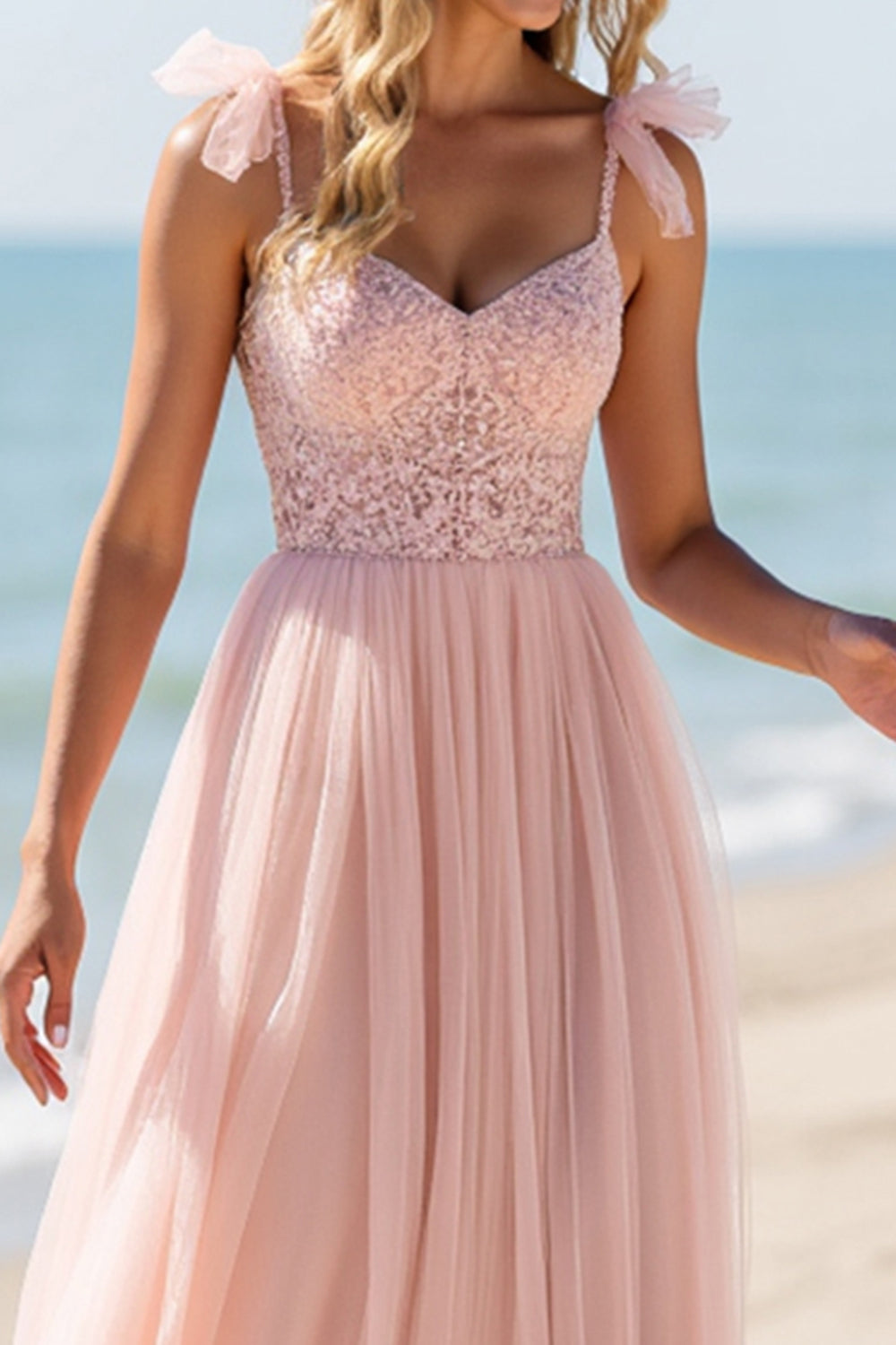 Blush Une Ligne Tulle Spaghetti Bretelles Longue Robe de demoiselle d’honneur avec Appliques