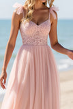 Blush Une Ligne Tulle Spaghetti Bretelles Longue Robe de demoiselle d’honneur avec Appliques