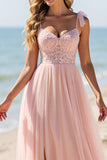 Blush Une Ligne Tulle Spaghetti Bretelles Longue Robe de demoiselle d’honneur avec Appliques