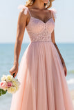 Blush Une Ligne Tulle Spaghetti Bretelles Longue Robe de demoiselle d’honneur avec Appliques