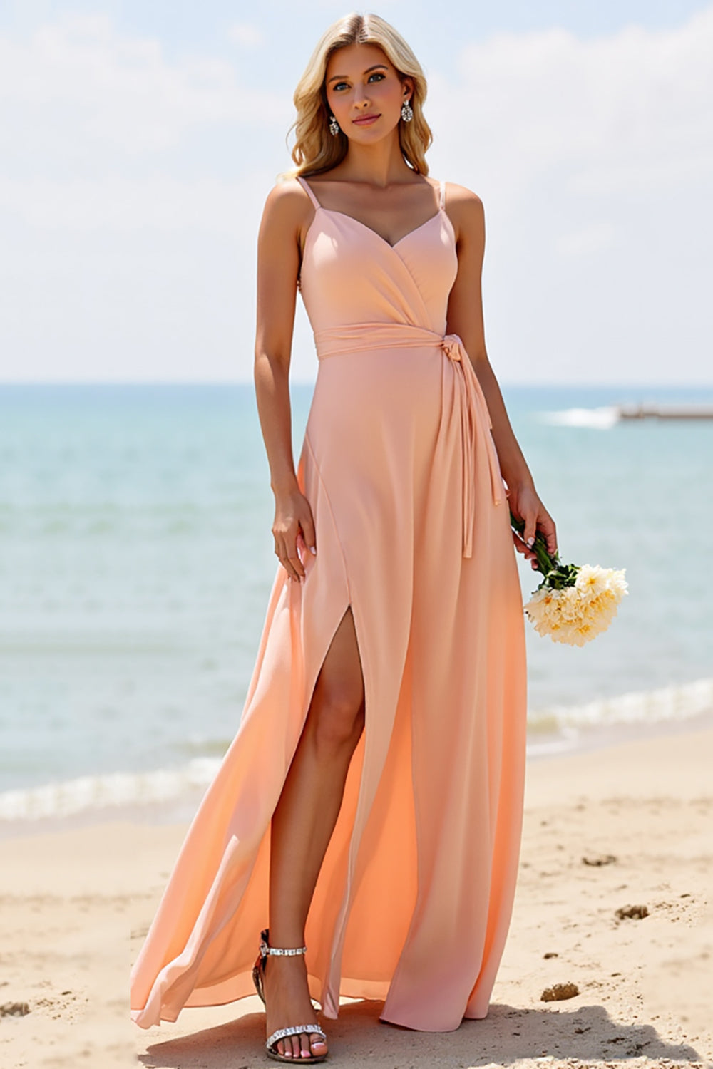Sunset Chiffon Une Ligne Longue Robe de Demoiselle D’honneur Avec Fente