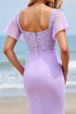 Lilas en mousseline de soie Flutter manches fourreau longue robe de demoiselle d’honneur avec appliques