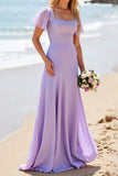 Satin lilas à manches flottantes Une ligne Longue Robe de demoiselle d’honneur avec perles