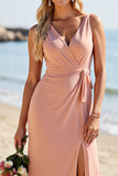 Blush Satin Gaine Col V Robe de demoiselle d’honneur longue avec fente