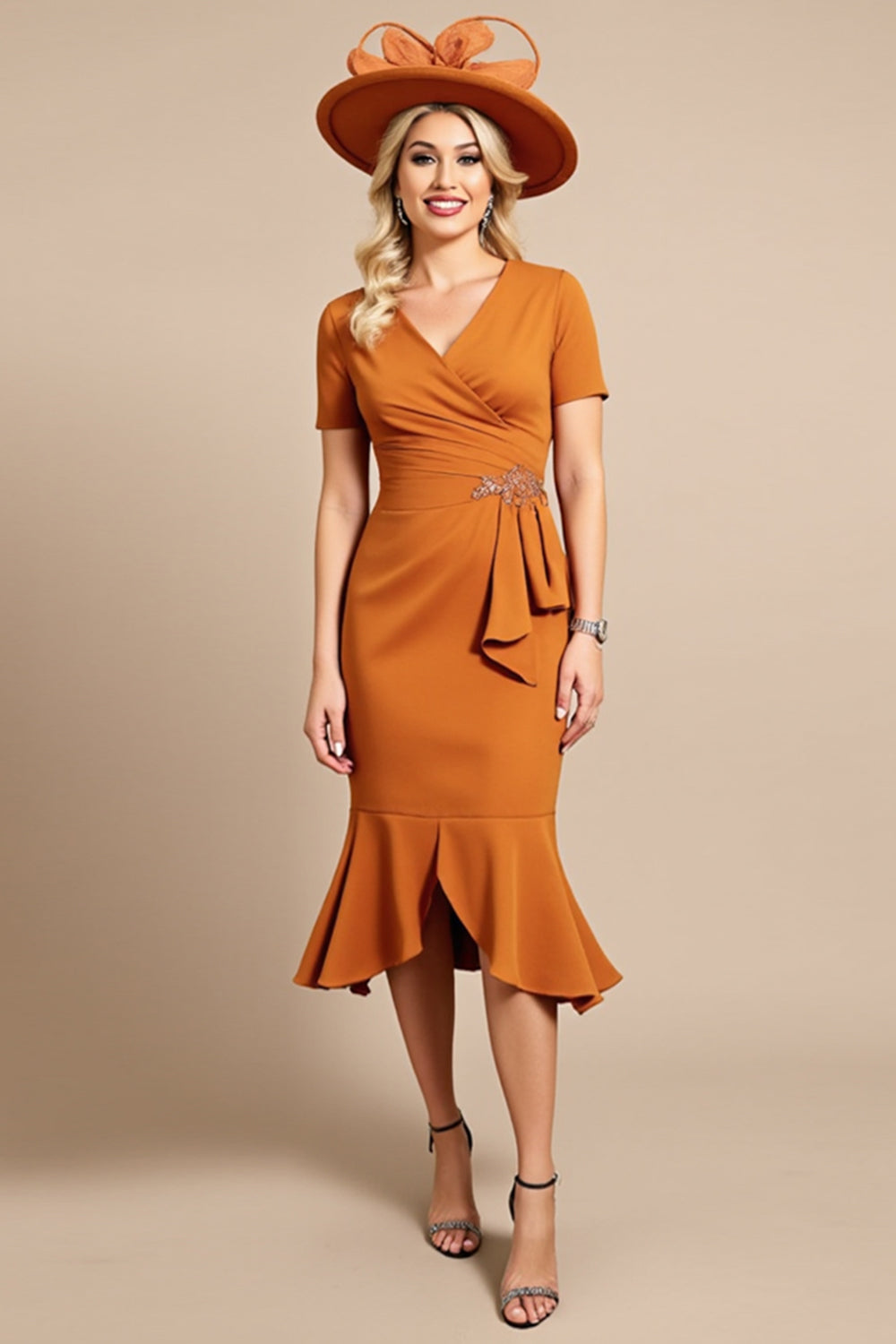 Fourreau Orange Col V Midi Robe Mère De La Mariée